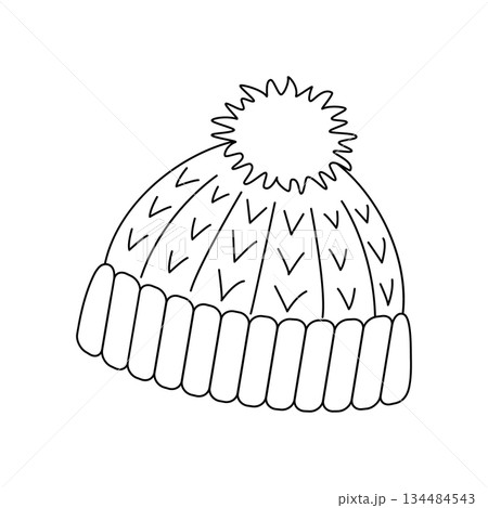 Knitted Winter Hat with Pom Pom Line Art Illustration for Coloring and Design 134484543