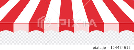 Awning tent canopy striped roof, sunshade. Cafe, shop or restaurant front view curtain. Rain protection awning for franchise stores Awning tent canopy striped roof, sunshade. Cafe, shop or restaurant front view curtain. Rain protection awning for franchise stores 134484612