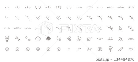 シンプルなアイコンのベクターイラストセット。飾り、あしらい、くるくる、集中線 シンプルなアイコンのベクターイラストセット。飾り、あしらい、くるくる、集中線 134484876