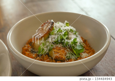Creamy Rose Risotto with Grilled Mushroom and Fresh Greens Creamy Rose Risotto with Grilled Mushroom and Fresh Greens 134484943