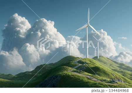 青空と草原に立つ風力発電機 青空と草原に立つ風力発電機 134484968