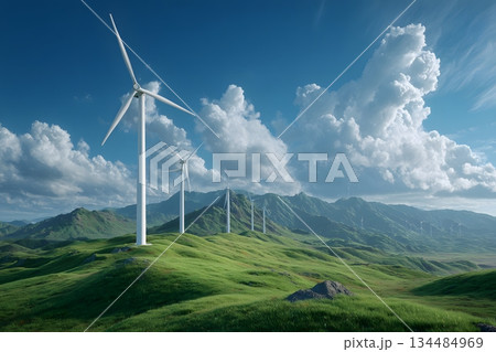 青空と草原に立つ風力発電機 青空と草原に立つ風力発電機 134484969