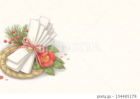 正月の縁起物 おみくじ風紙束と鈴の水彩イラスト 134485179