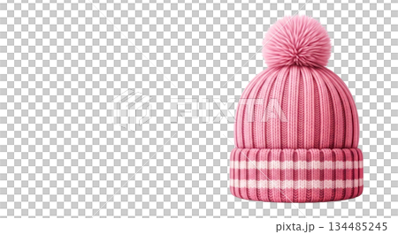 Knitted pink winter hat with pom pom and striped pattern, featuring ribbed texture and soft fabric. Isolated on transparent background 134485245