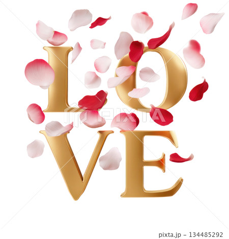 Golden letters spelling love surrounded by delicate rose petals, symbolizing romance and affection for Valentine's Day celebration. Isolated on transparent background 134485292