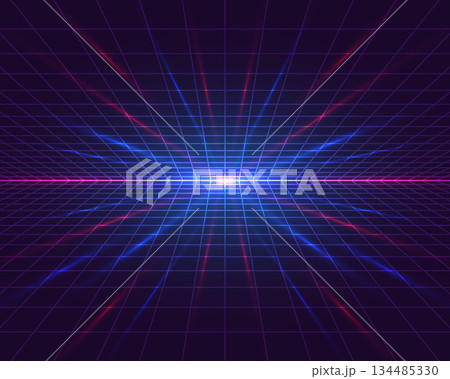 Retro Futuristic Synthwave Style Abstract Background with Glowing Neon Grid and Central Blue Magenta Horizon Light Retro Futuristic Synthwave Style Abstract Background with Glowing Neon Grid and Central Blue Magenta Horizon Light 134485330
