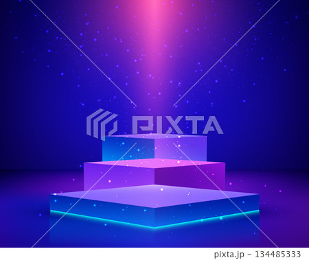 3D podium display with neon blue and purple lighting for product showcase and futuristic technology background with glowing spotlight and sparkles 3D podium display with neon blue and purple lighting for product showcase and futuristic technology background with glowing spotlight and sparkles 134485333