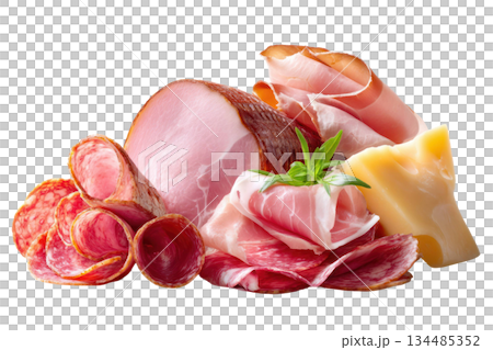 Assorted meats including ham, salami, prosciutto, and cheese arranged beautifully for a gourmet presentation with vibrant colors and textures. Isolated on transparent background 134485352