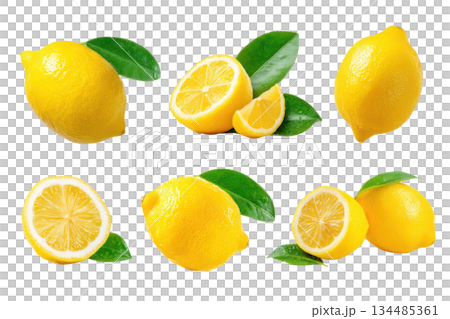 Whole and sliced lemons with vibrant green leaves, showcasing fresh citrus fruits in a bright and appealing arrangement for culinary use. Isolated on transparent background Whole and sliced lemons with vibrant green leaves, showcasing fresh citrus fruits in a bright and appealing arrangement for culinary use. Isolated on transparent background 134485361