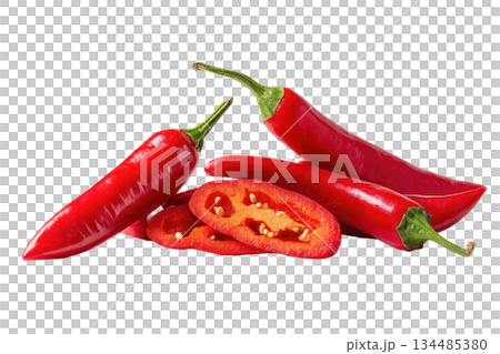 Whole and sliced red chili peppers isolated on white background, showcasing vibrant colors and textures, perfect for culinary and food-related concepts. Isolated on transparent background 134485380