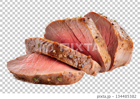 Slices of juicy roast beef with a rich brown crust, showcasing tender meat and flavorful seasoning, perfect for culinary presentations and gourmet dishes. Isolated on transparent background 134485382