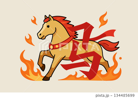 Cartoon Horse with Flames and Red Ribbon Cartoon Horse with Flames and Red Ribbon 134485699