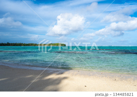 Anini Marae Beach on Huahine, French Polynesia, with turquoise waters 134485821