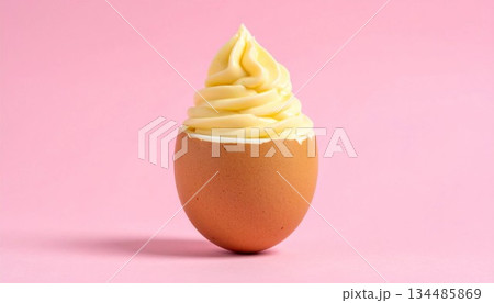ゆで卵にマヨネーズ　ピンク背景素材　generative ai 134485869