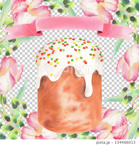 Square composition of willows, tulips and easter cake. Watercolor illustration. For fabric, wallpaper, packing paper, greeting cards, design, decoration and illustration. Square composition of willows, tulips and easter cake. Watercolor illustration. For fabric, wallpaper, packing paper, greeting cards, design, decoration and illustration. 134486013