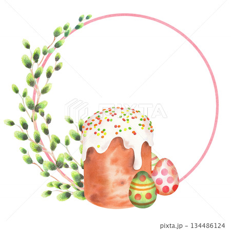 Wreath of willow branches, easter cake and eggs. Watercolor illustration. For fabric, wallpaper, packing paper, greeting cards, design, decoration and illustration. Wreath of willow branches, easter cake and eggs. Watercolor illustration. For fabric, wallpaper, packing paper, greeting cards, design, decoration and illustration. 134486124