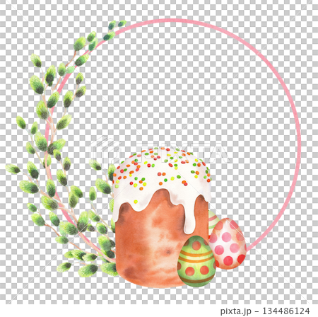 Wreath of willow branches, easter cake and eggs. Watercolor illustration. For fabric, wallpaper, packing paper, greeting cards, design, decoration and illustration. Wreath of willow branches, easter cake and eggs. Watercolor illustration. For fabric, wallpaper, packing paper, greeting cards, design, decoration and illustration. 134486124