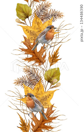 Seamless watercolor vertical border with autumn leaves, dried metasequoia branches, grass and robins on white. Hand-painted botanical style, good for stationery, invitations, packaging, fall designs 134486390