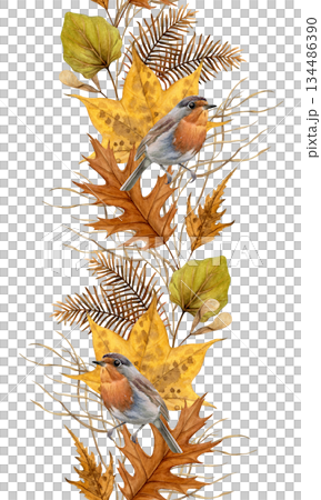 Seamless watercolor vertical border with autumn leaves, dried metasequoia branches, grass and robins on white. Hand-painted botanical style, good for stationery, invitations, packaging, fall designs 134486390