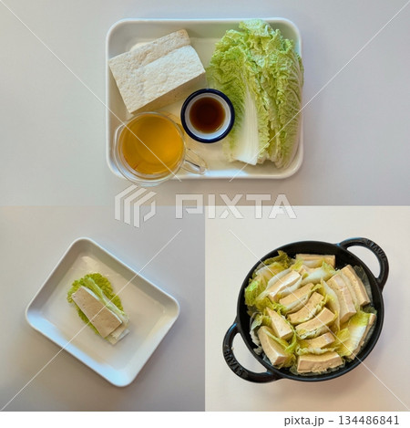 Mille-Feuille Nabe hot pot with neatly layered napa cabbage and thinly sliced meat arranged in a circular pattern, cooked in flavorful broth with mushrooms and vegetables for a warm, comforting dish 134486841