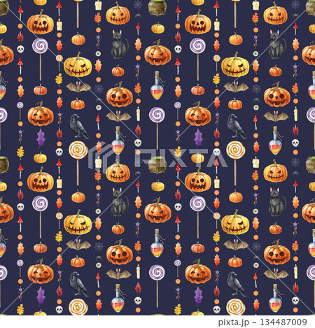 Halloween traditional holiday elements seamless pattern decor. Hand drawn candy treats, potion bottle, cat, raven, pumpkins watercolor illustration. Halloween mood pattern on dark background. Halloween traditional holiday elements seamless pattern decor. Hand drawn candy treats, potion bottle, cat, raven, pumpkins watercolor illustration. Halloween mood pattern on dark background. 134487009