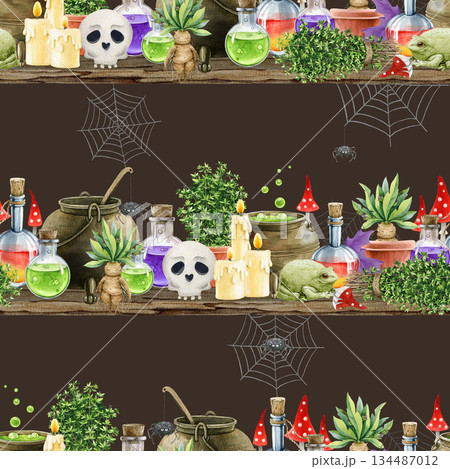 Witchcraft ingredients halloween mood seamless pattern decor. Watercolor vintage style illustration. Hand drawn witch cauldron, potion bottles, scull, herbs, candles, mandrake on dark background 134487012