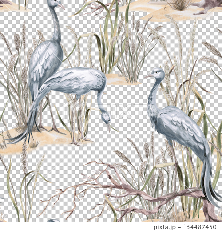 A seamless pattern with cranes among marsh grasses. Watercolor illustration for eco-projects, posters, hotel designs, and nature reserve websites. A seamless pattern with cranes among marsh grasses. Watercolor illustration for eco-projects, posters, hotel designs, and nature reserve websites. 134487450