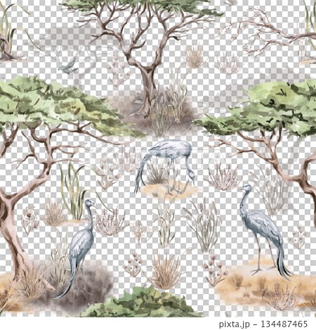 Seamless pattern with savannah landscapes and cranes. Watercolor illustration for eco-projects, posters, hotel designs, and nature reserve websites. Seamless pattern with savannah landscapes and cranes. Watercolor illustration for eco-projects, posters, hotel designs, and nature reserve websites. 134487465