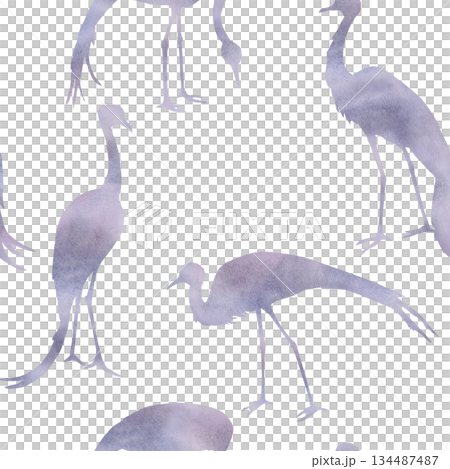 A seamless pattern with crane silhouettes in lilac tones. Watercolor illustration for eco-projects, posters, hotel designs, and nature reserve websites. 134487487
