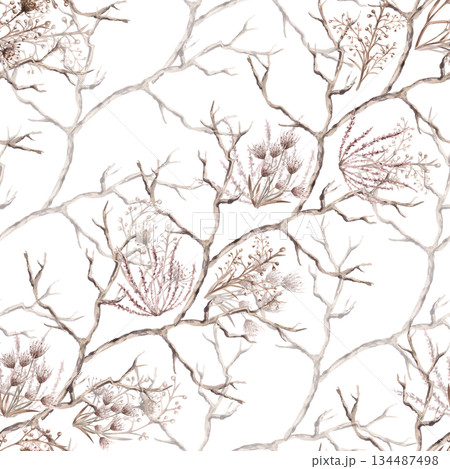 A seamless pattern with a variety of steppe grasses, flowers, and branches arranged diagonally. Watercolor illustration for eco-projects, posters, hotel designs, and nature reserve websites. 134487498