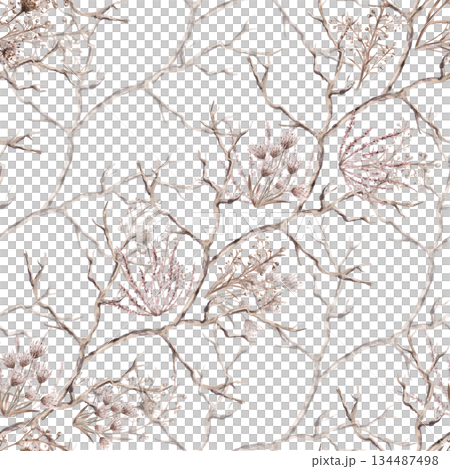 A seamless pattern with a variety of steppe grasses, flowers, and branches arranged diagonally. Watercolor illustration for eco-projects, posters, hotel designs, and nature reserve websites. 134487498