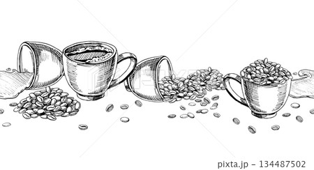 Seamless border with coffee cups and coffee beans. Vector illustration for cafe and restaurant interiors, menus, packaging, and product branding. 134487502
