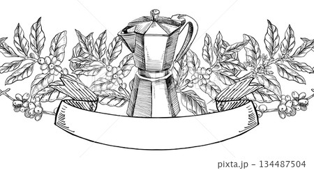 A seamless border featuring a geyser coffee maker, a sign, and coffee branches. Vector illustration for cafe and restaurant interiors, menus, packaging, and product branding. A seamless border featuring a geyser coffee maker, a sign, and coffee branches. Vector illustration for cafe and restaurant interiors, menus, packaging, and product branding. 134487504