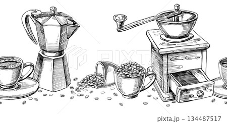 A seamless border featuring a retro coffee grinder, geyser coffee maker, and coffee beans. Vector illustration for cafe and restaurant interiors, menus, packaging, and product branding. 134487517