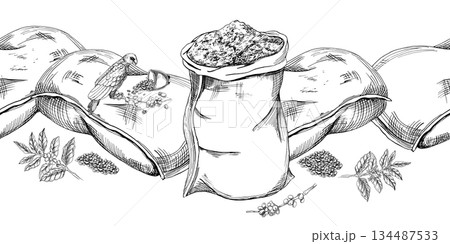 Seamless border with coffee bags, a parrot, and coffee beans. Vector illustration for cafe and restaurant interiors, menus, packaging, and product branding. 134487533