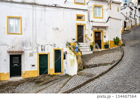 Elvas, Portugal - Mar 31, 2025: Typical Portuguese facades and cobblestone streets in Elvas, Portugal. 134487564