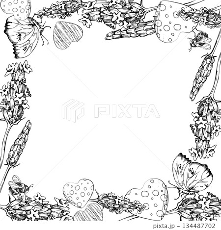 Lavender stems with butterfly, flat heart shapes, lavandula flowers. Isolated border square frame illustration hand drawn in vector ink. Shop logo, website, business card, booklet, background element Lavender stems with butterfly, flat heart shapes, lavandula flowers. Isolated border square frame illustration hand drawn in vector ink. Shop logo, website, business card, booklet, background element 134487702