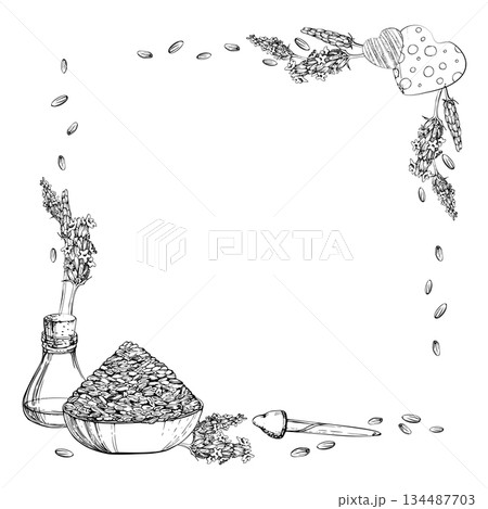 Lavender seeds in clay bowl, glass vial with cork stopper, dropper pipette, flower stalks. Corner square frame isolated illustration hand drawn in vector ink. Botanical eco wrap, Provence market label 134487703