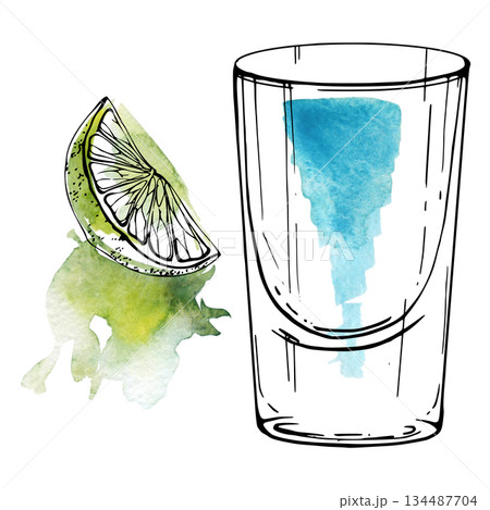 Vodka citrus Kamikaze rendered in electric blue and green tones, fresh lime slice garnish. Isolated hand drawn illustration. Ideal for modern cocktail collections or clean mixology projects branding Vodka citrus Kamikaze rendered in electric blue and green tones, fresh lime slice garnish. Isolated hand drawn illustration. Ideal for modern cocktail collections or clean mixology projects branding 134487704