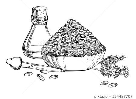 Handmade pottery bowl with lavender, scattered seeds, essential oil glass bottle, pipette dropper, lavandula flower stems. Isolated illustration hand drawn in vector ink. Gift wrap, printable paper 134487707