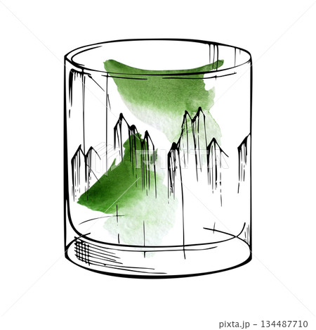 Green Caipirinha or Grasshopper cocktail, absinthe liqueur in rocks tumbler glass, watercolor wash and ink outline. Hand-drawn isolated illustration for kitchen prints, bar branding, digital assets. 134487710