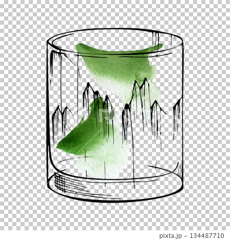 Green Caipirinha or Grasshopper cocktail, absinthe liqueur in rocks tumbler glass, watercolor wash and ink outline. Hand-drawn isolated illustration for kitchen prints, bar branding, digital assets. 134487710