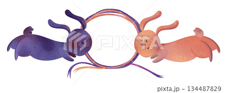 Adorable children's illustration frame of cute purple and orange bunny with wreath of colorful ribbons with bow. Perfect for Easter cards, kids' decor, spring greetings, and nursery art Adorable children's illustration frame of cute purple and orange bunny with wreath of colorful ribbons with bow. Perfect for Easter cards, kids' decor, spring greetings, and nursery art 134487829