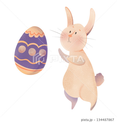 Cute children's illustration of an adorable Easter bunny playfully rolling a large purple egg. Perfect for holiday cards, nursery decor, spring greetings, kids' books, and Easter designs Cute children's illustration of an adorable Easter bunny playfully rolling a large purple egg. Perfect for holiday cards, nursery decor, spring greetings, kids' books, and Easter designs 134487867