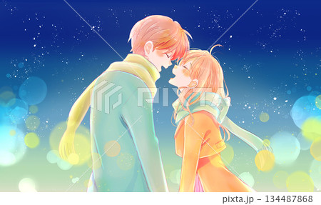 冬の幸せそうな男女 向かい合う 夜 イルミネーション 冬の幸せそうな男女 向かい合う 夜 イルミネーション 134487868