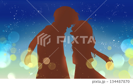 冬の幸せそうな男女 向かい合う 夜 イルミネーション シルエット 冬の幸せそうな男女 向かい合う 夜 イルミネーション シルエット 134487870