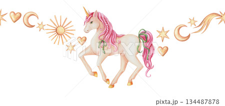 Seamless border with cute unicorn and celestial Christmas ornaments in hand drawn watercolor with sparkling texture. Pink gold and green create a bright fantasy mood. Good for festive frame template. 134487878