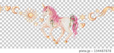 Seamless border with cute unicorn and celestial Christmas ornaments in hand drawn watercolor with sparkling texture. Pink gold and green create a bright fantasy mood. Good for festive frame template. 134487878