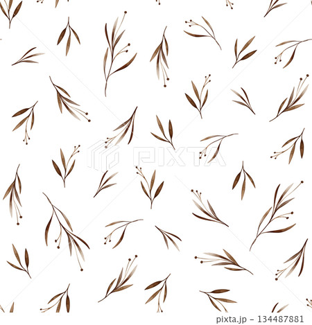 Watercolor seamless pattern with brown flowers spots with leaves. Hand drawn illustration repeat ornament with plants on isolated white background. Dark branches with round buds iridescent watercolors 134487881