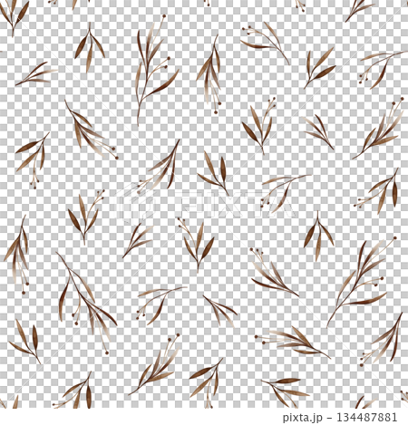Watercolor seamless pattern with brown flowers spots with leaves. Hand drawn illustration repeat ornament with plants on isolated white background. Dark branches with round buds iridescent watercolors 134487881